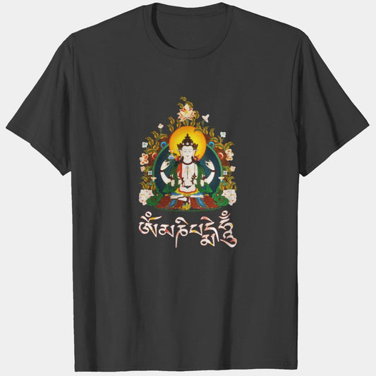 A black t-shirt featuring Amitabha Buddha and the "Om Mani Padme Hum" mantra, a symbol of compassion and light on the path.