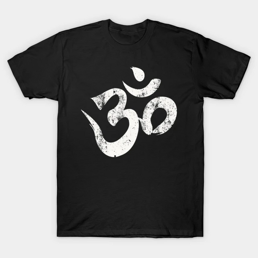 Black T-Shirt with a white distressed or grunge-style graphic of the Om symbol.