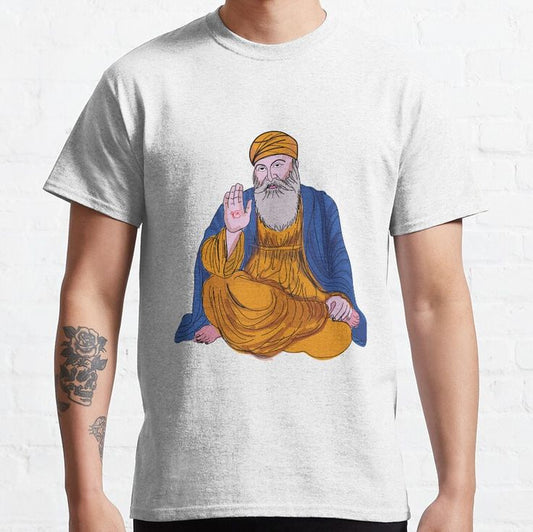 A light grey t-shirt featuring an illustration of Guru Nanak Dev Ji, the founder of Sikhism, offering blessings.