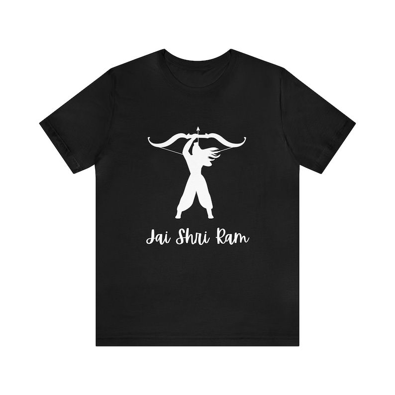 Black T-Shirt with white silhouette of Shri Ram holding a bow and arrow, and "Jai Shri Ram" written below.