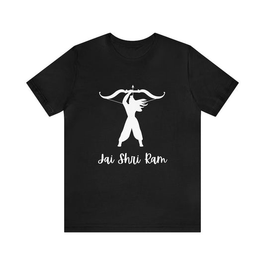 Black T-Shirt with white silhouette of Shri Ram holding a bow and arrow, and "Jai Shri Ram" written below.
