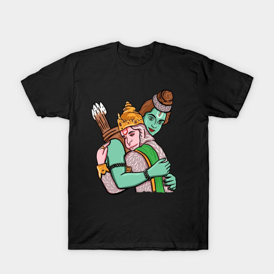 Black T-Shirt with a graphic illustration of Rama and Hanuman embracing.