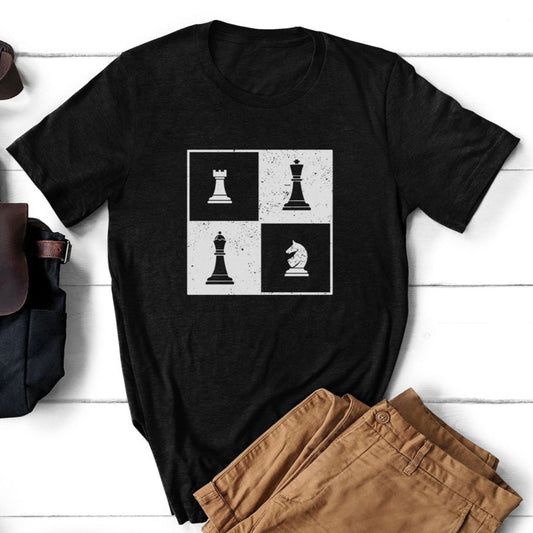 Black t-shirt featuring a minimalist chess-themed design with four squares, each containing a different chess piece—rook, bishop, queen, and knight—arranged in a stylish monochrome pattern.