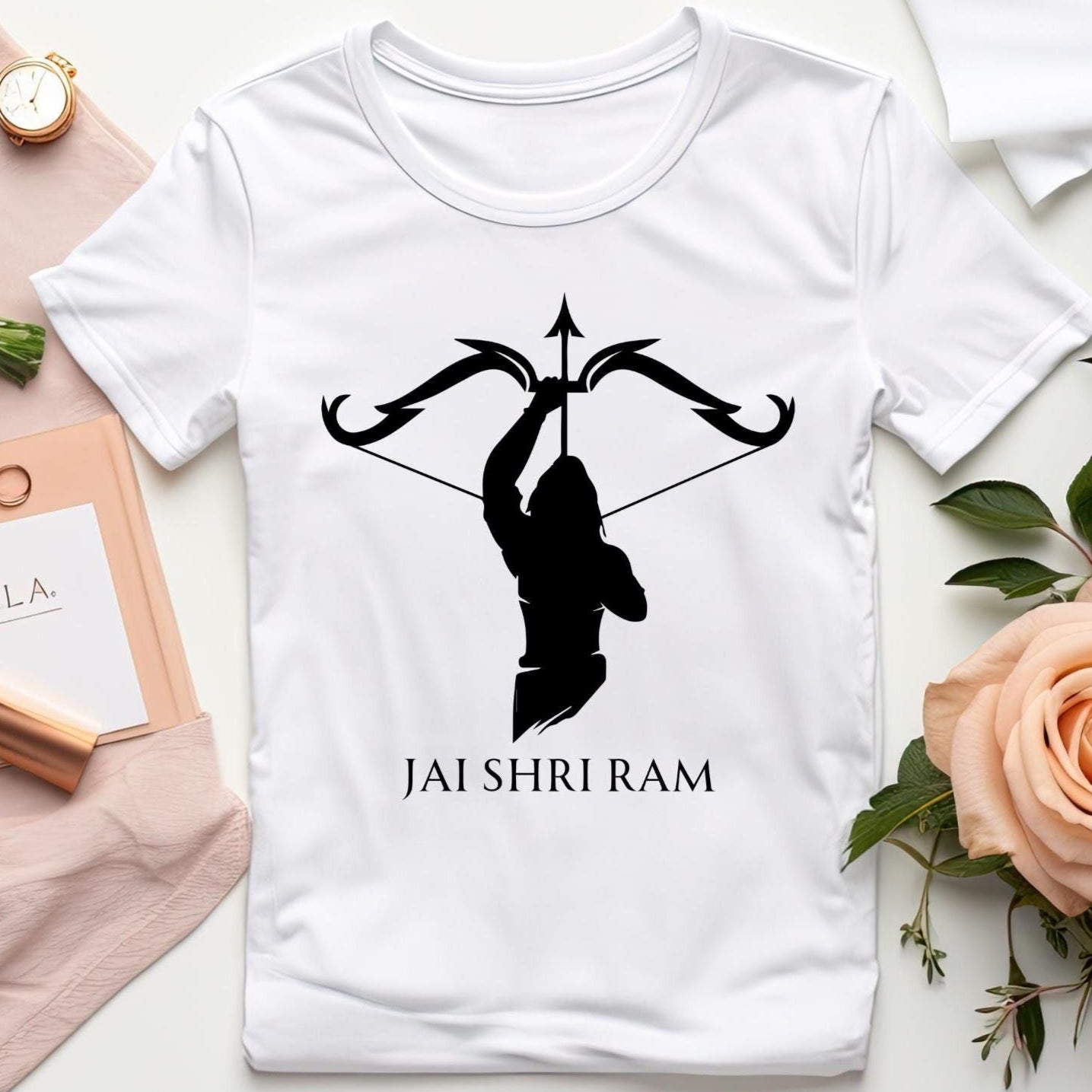 White T-Shirt with a black silhouette of Shri Ram holding a bow and arrow, and "JAI SHRI RAM" written below.