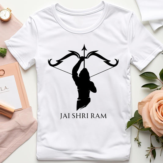 White T-Shirt with a black silhouette of Shri Ram holding a bow and arrow, and "JAI SHRI RAM" written below.