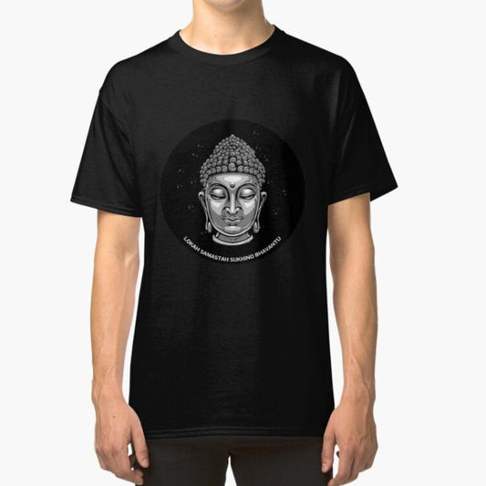 A black t-shirt featuring a Buddha head illustration with "Lokah Samastah Sukhino Bhavantu," a mantra for peace and loving kindness.