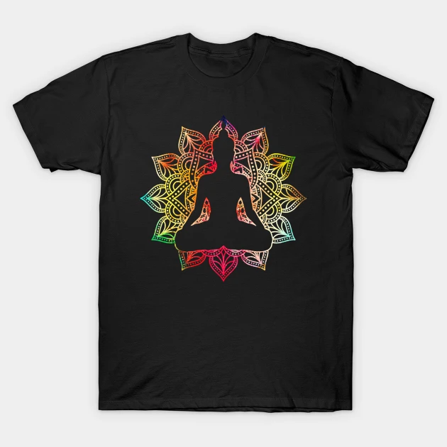 A black t-shirt featuring a Buddha silhouette within a rainbow mandala, a symbol of inner harmony and peace on the path.