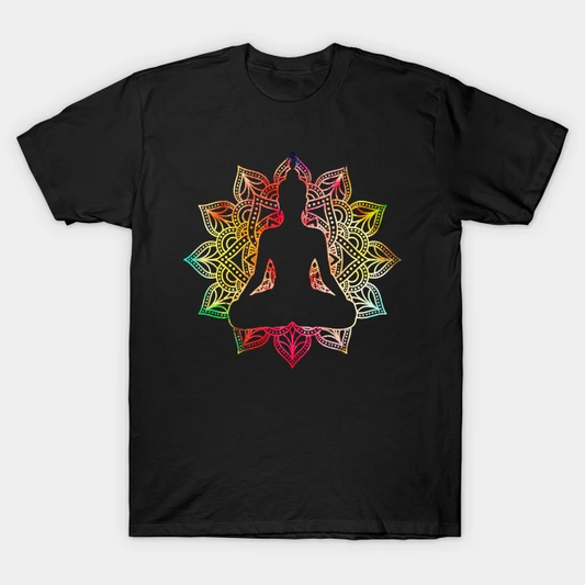 A black t-shirt featuring a Buddha silhouette within a rainbow mandala, a symbol of inner harmony and peace on the path.