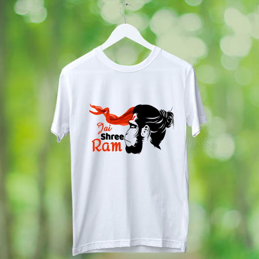 White T-Shirt with a graphic illustration of Hanuman's head and "Jai Shree Ram" written in stylized font.