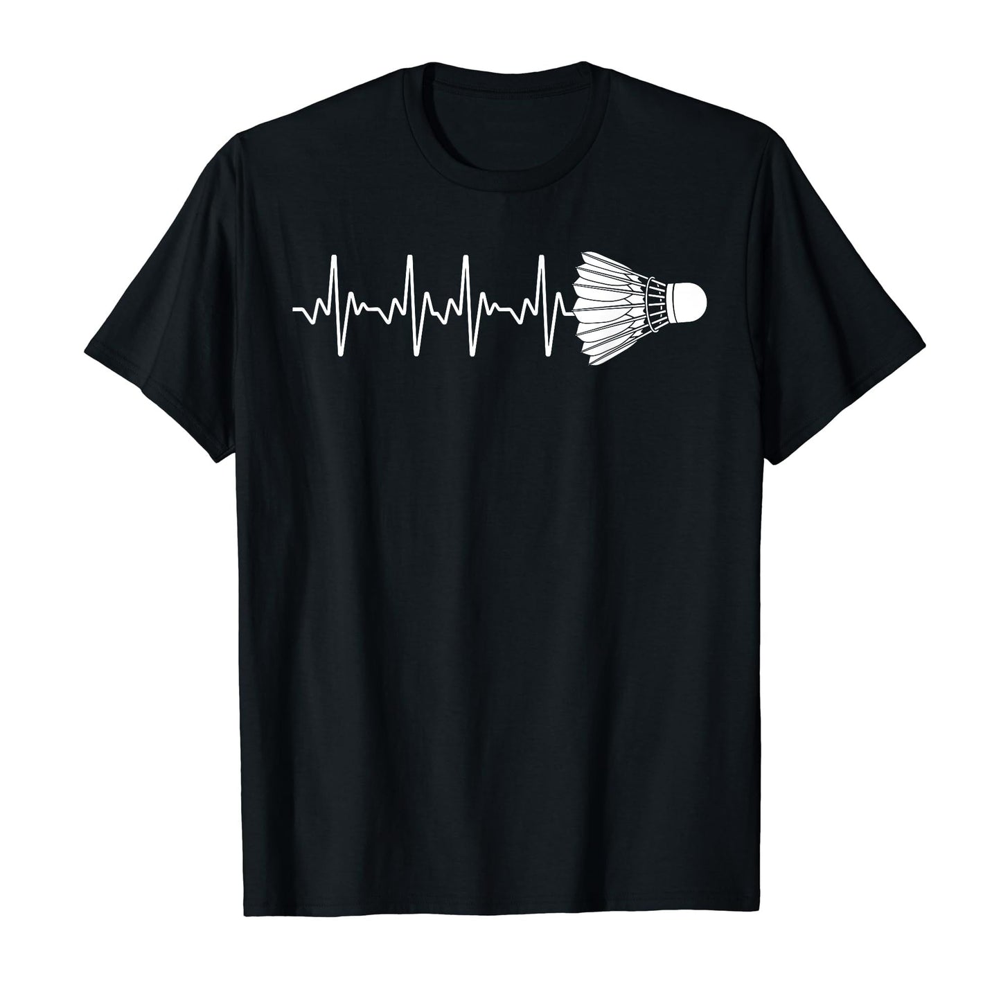 Black T-shirt featuring a white heartbeat line ending with a shuttlecock graphic. Ideal for badminton lovers and sports enthusiasts.