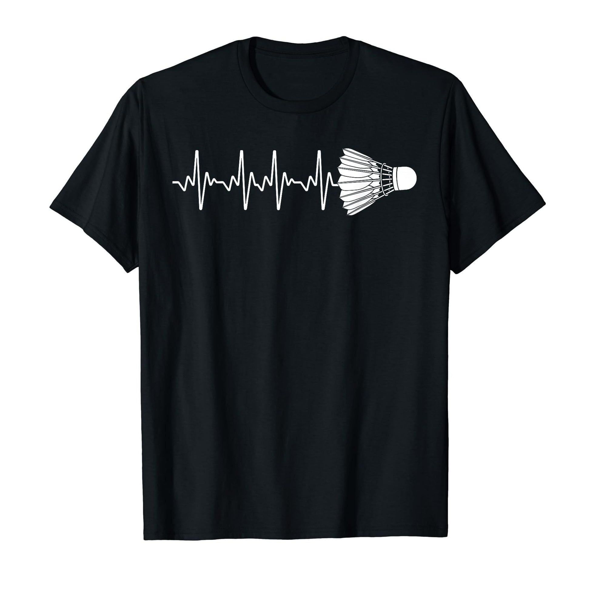 Black T-shirt featuring a white heartbeat line ending with a shuttlecock graphic. Ideal for badminton lovers and sports enthusiasts.