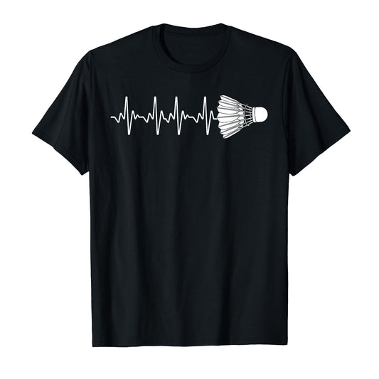Black T-shirt featuring a white heartbeat line ending with a shuttlecock graphic. Ideal for badminton lovers and sports enthusiasts.