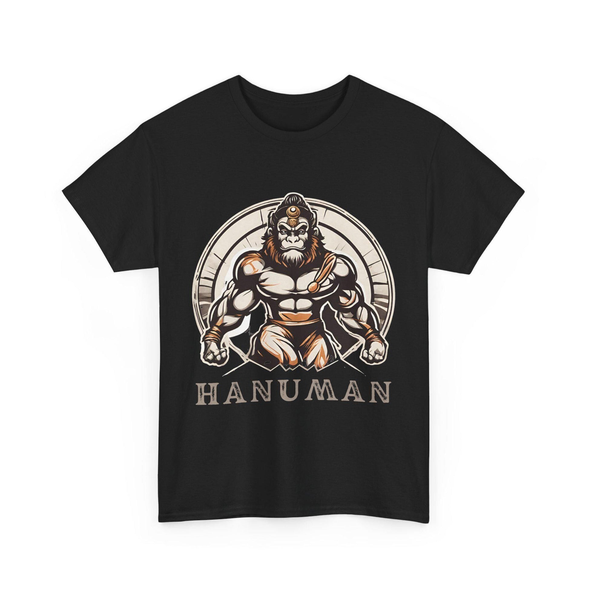 Black T-Shirt with a graphic illustration of a muscular Hanuman in a circular frame and the word "HANUMAN" below.