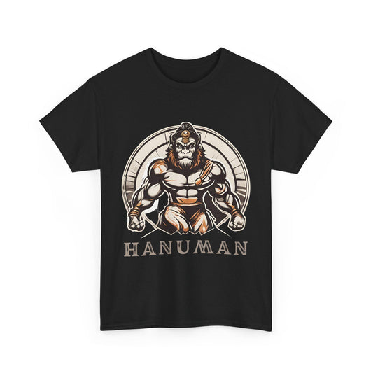 Black T-Shirt with a graphic illustration of a muscular Hanuman in a circular frame and the word "HANUMAN" below.