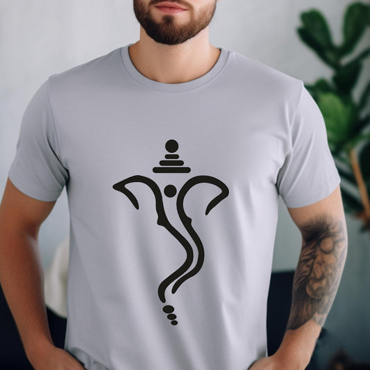 A light grey t-shirt featuring a sleek, minimalist Ganesha design, a subtle yet powerful blessing.