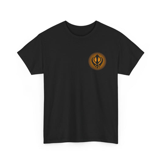A black t-shirt featuring a Khanda symbol glowing within a circular design, representing Sikh faith. 