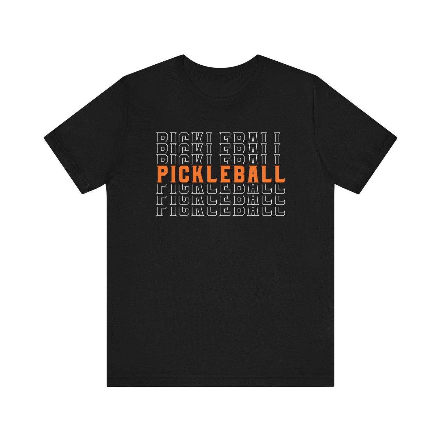 Black t-shirt with repeated "Pickleball" text, one line in orange.