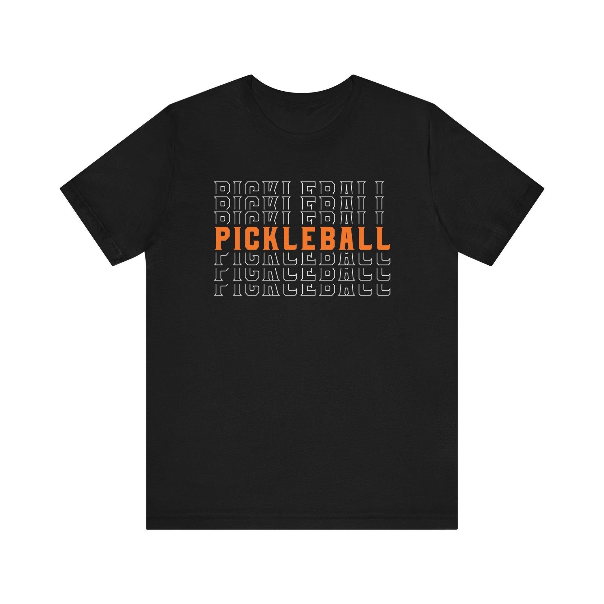 Black t-shirt with repeated "Pickleball" text, one line in orange.