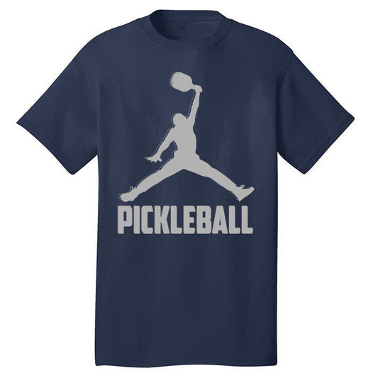 Navy t-shirt with a pickleball player silhouette in a jumpman pose and "Pickleball" text.