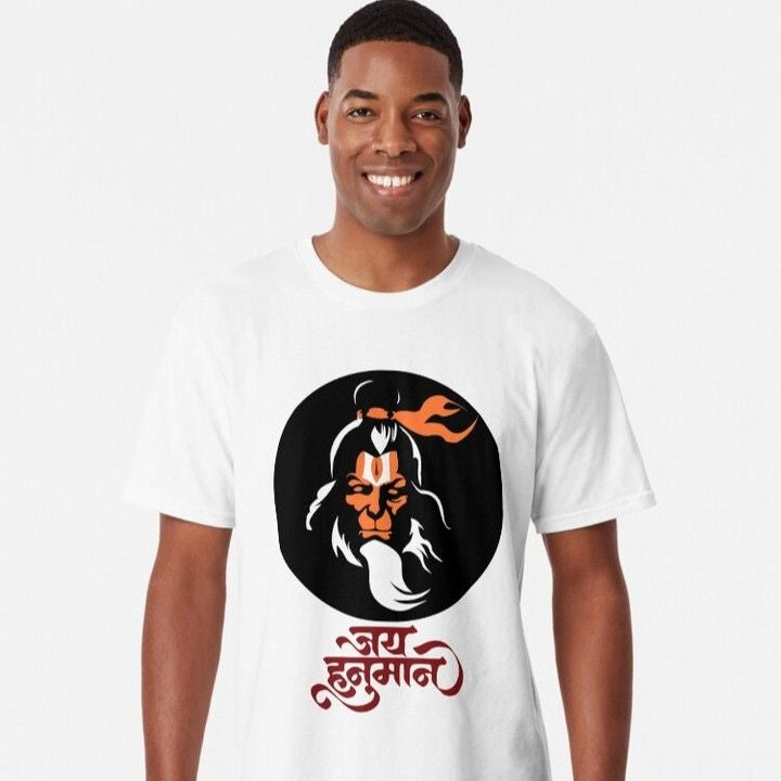 White long-length T-Shirt with a graphic of Hanuman in a black circle and "जय हनुमान" (Jai Hanuman) written in Devanagari script.