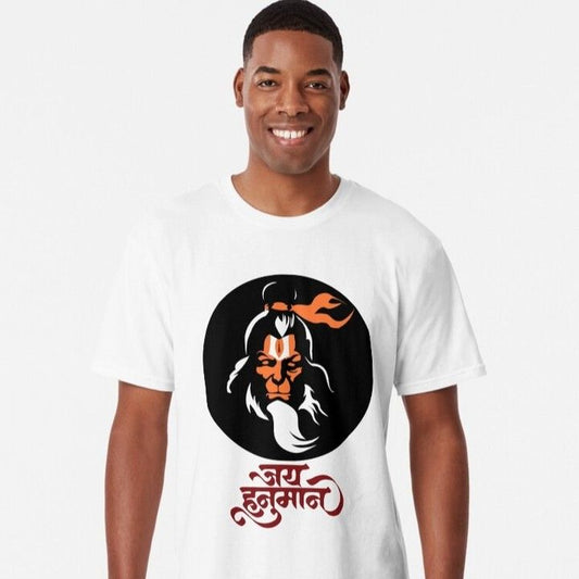 White long-length T-Shirt with a graphic of Hanuman in a black circle and "जय हनुमान" (Jai Hanuman) written in Devanagari script.