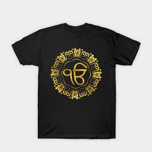 A black t-shirt featuring a golden Ek Onkar symbol within a decorative mandala, representing the divine unity and grace of Waheguru.