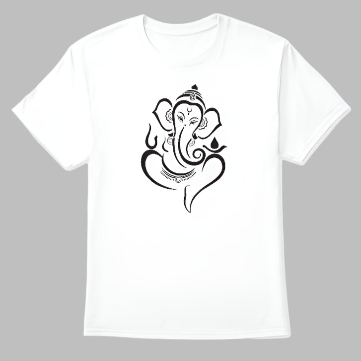 A white T-shirt featuring a minimalist black line art design of Lord Ganesha. The artwork is simple yet elegant, centered on the shirt, making it a spiritual and stylish apparel choice.