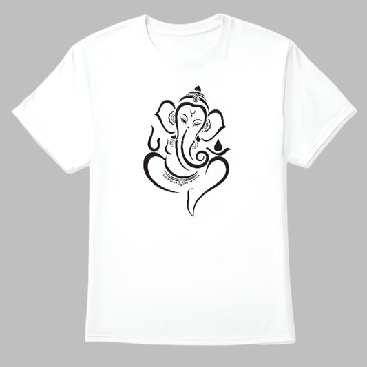 A white T-shirt featuring a minimalist black line art design of Lord Ganesha. The artwork is simple yet elegant, centered on the shirt, making it a spiritual and stylish apparel choice.