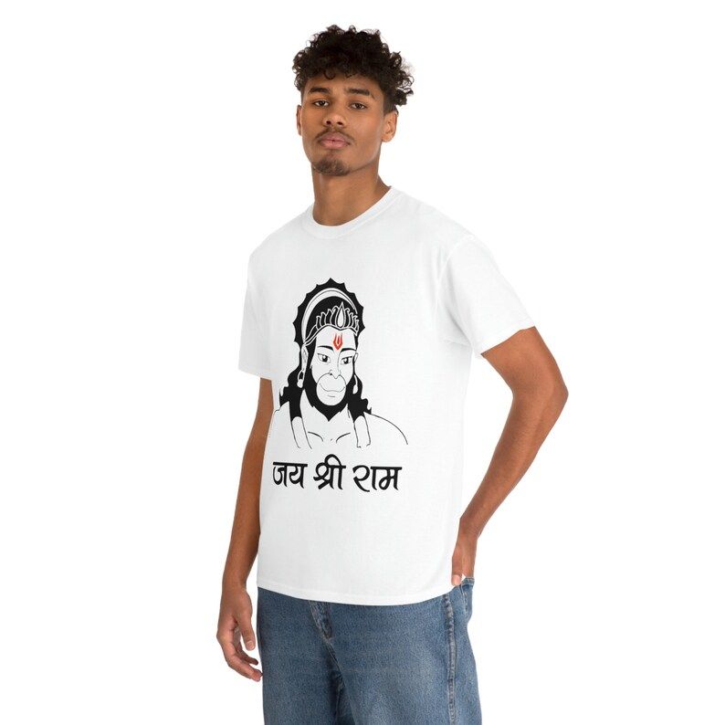 White T-Shirt with a black and white graphic illustration of Hanuman and "जय श्री राम" (Jai Shri Ram) written in Devanagari script.