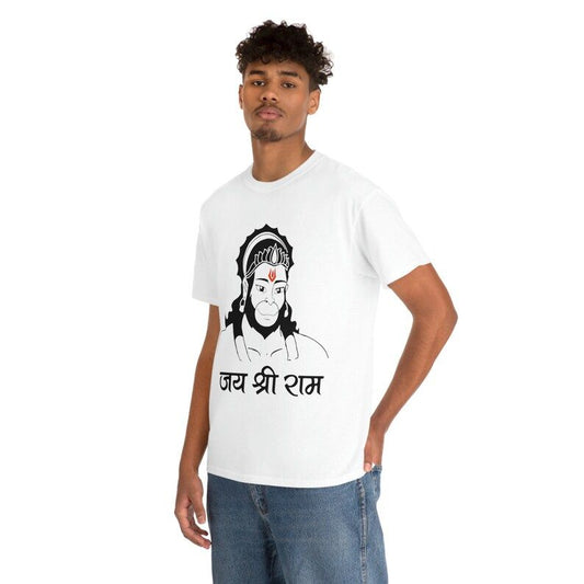 White T-Shirt with a black and white graphic illustration of Hanuman and "जय श्री राम" (Jai Shri Ram) written in Devanagari script.