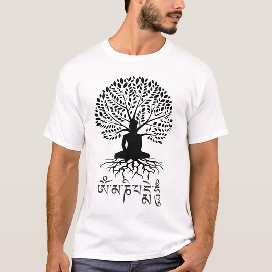 A white t-shirt featuring a Buddha silhouette under a Bodhi tree with "Om Mani Padme Hum," a symbol of enlightenment and peace.