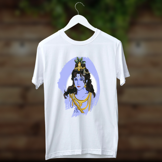 White t-shirt with a detailed portrait of Krishna with a crown, jewelry, and a contemplative expression.