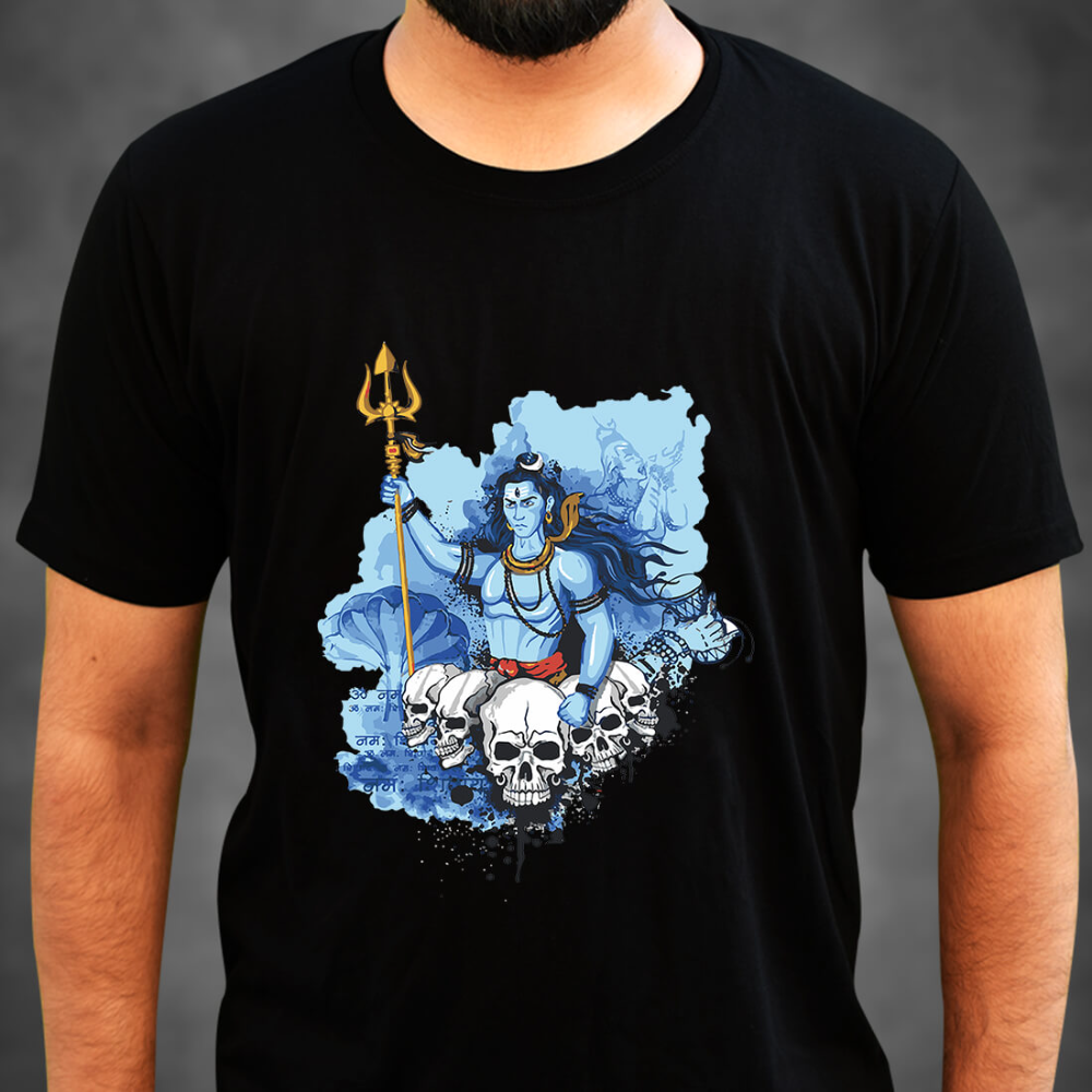 Black T-Shirt with a blue graphic illustration of Rudra Avatar of Shiva holding a trident, surrounded by skulls.