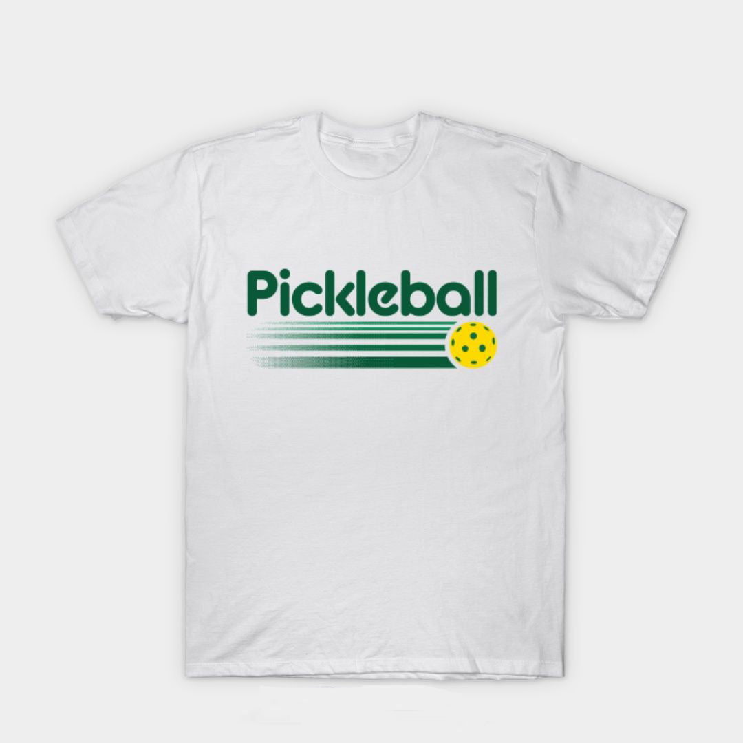White t-shirt with green "Pickleball" text and graphic.