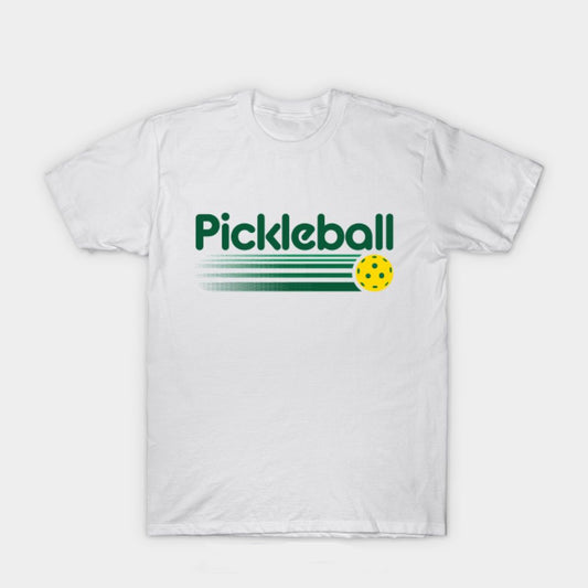White t-shirt with green "Pickleball" text and graphic.