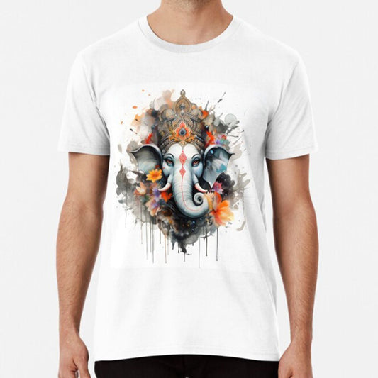 A white t-shirt featuring a beautiful artistic depiction of Lord Ganesha, a wearable blessing.