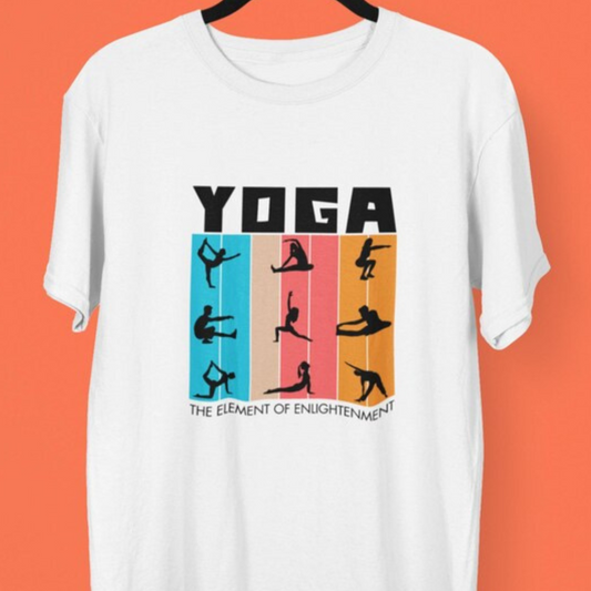 White t-shirt with "Yoga: The Element of Enlightenment" text and a grid of yoga pose.