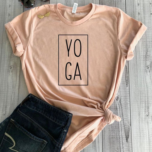 Light pink t-shirt with "YO GA" in a square frame, styled.
