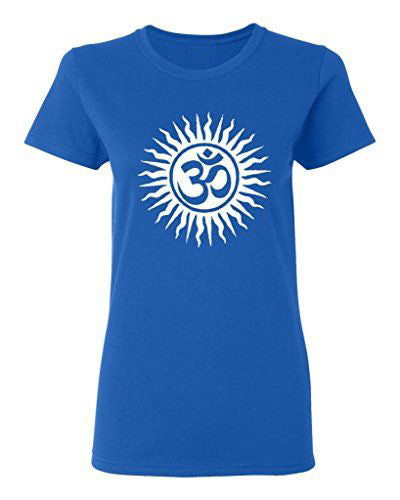 Blue women's T-Shirt with a white graphic of an Om symbol surrounded by radiating lines.