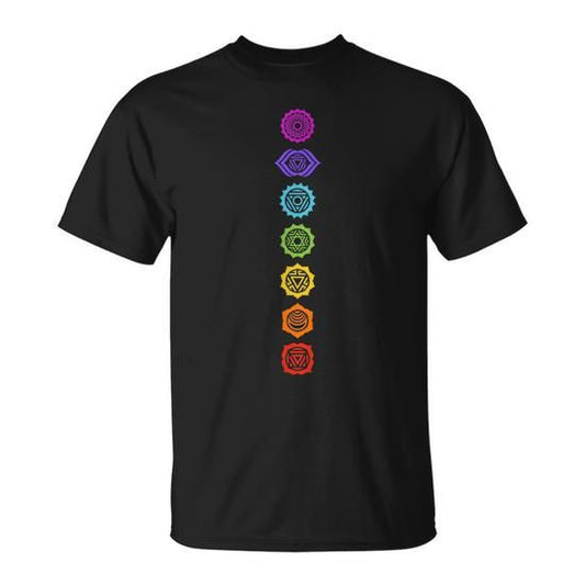 Black T-Shirt with seven vibrant, colorful chakra symbols arranged vertically, suitable for spiritual or yoga practices.