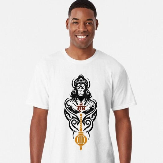 White long-length T-Shirt with a black tribal art style graphic of Hanuman holding a gada (mace), and "राम" (Ram) written in red Devanagari script.