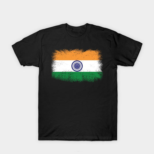 Distressed India Flag T-Shirt: Black Fabric, Unique Design, Patriotic Style