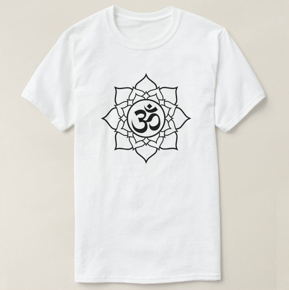 White T-Shirt with a black graphic of an Om symbol within a lotus flower design, suitable for yoga and meditation.