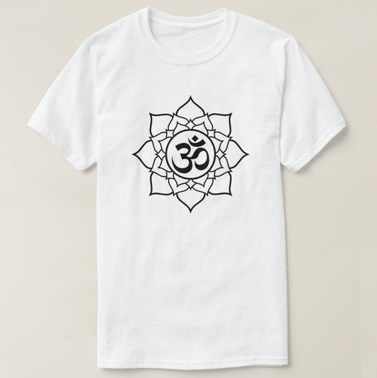 White T-Shirt with a black graphic of an Om symbol within a lotus flower design, suitable for yoga and meditation.