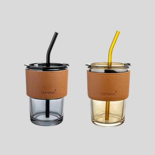DK – Glass Coffee Sipper Mug with Straw and Lid - 914