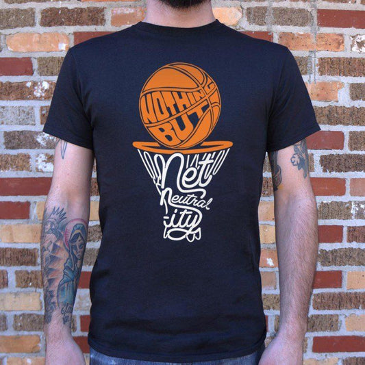 Black t-shirt with "Nothing But Net Neutrality" text and basketball hoop graphic.