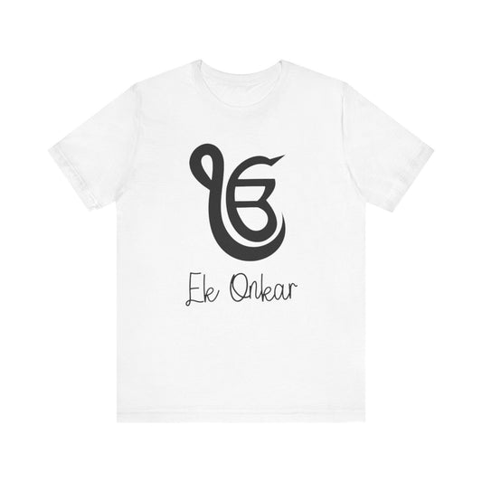 A white t-shirt featuring a black Ek Onkar symbol and text, representing the divine unity and grace of Waheguru.