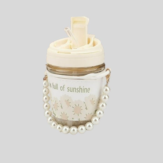 DK - Glass Coffee Sipper Mugs with Pearl Chain Belt & Sleeve, Double Drink Straw and Lids