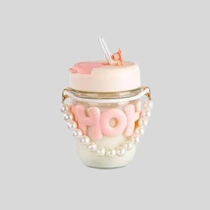 DK - Reusable Glass Coffee Mug with Lid & Straw – Stylish Pearl Handle, Hot & Cold Drinks, Eco-Friendly Tumbler