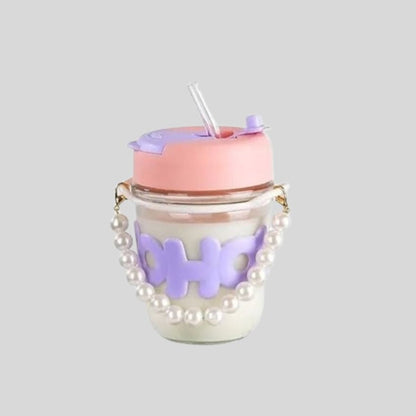 DK - Reusable Glass Coffee Mug with Lid & Straw – Stylish Pearl Handle, Hot & Cold Drinks, Eco-Friendly Tumbler